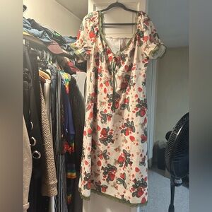 Cider White Dress with Red and Green Floral Pattern